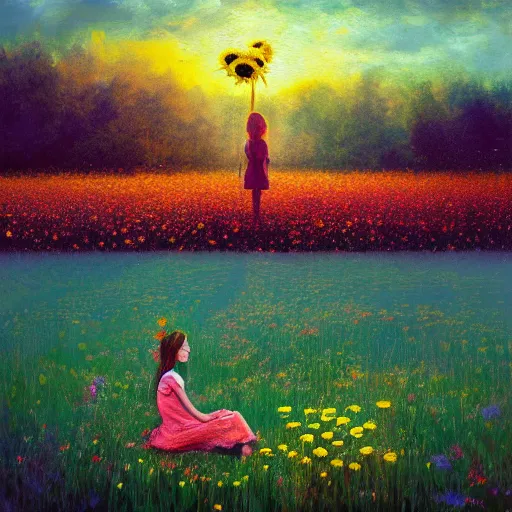 Image similar to giant daisy flower head, girl sitting in a flower field, surreal photography, sunrise, dramatic light, impressionist painting, colorful clouds, digital painting, artstation, simon stalenhag