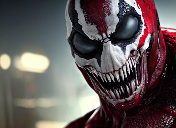 Prompt: venom fused with deadshot, ultra realistic 4 k unreal engine very cinematic render with ray tracing bloom ambient occlusion strong reflections