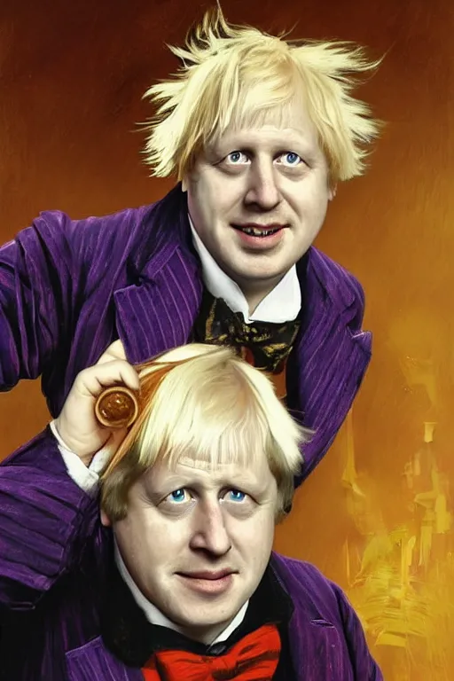 Prompt: Boris Johnson as Willy Wonka from Willy Wonka and The Chocolate Factory 1971, highly detailed character in digital fantasy, painted portrait, artstation, concept art, hard focus, illustrations, works by Artgerm and Greg Rutkowski, Alphonse Mucha and Craig Mullins, James Gene, Andrey Ryabovichev, Mark Simonetti and Peter Morbacher, 16 thousand