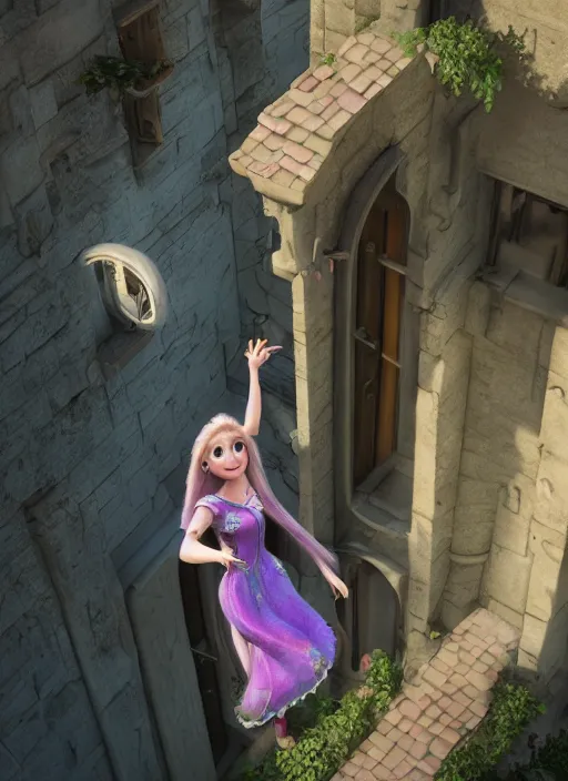 Image similar to rapunzel is throwing her long hair so the prince can climb the tower, unreal 5, DAZ, hyperrealistic, octane render, cosplay, RPG portrait, dynamic lighting