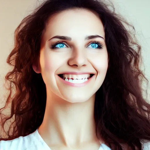 Image similar to beautiful woman with green eyes smiling, highly detailed, natural sunlight, few backlighting