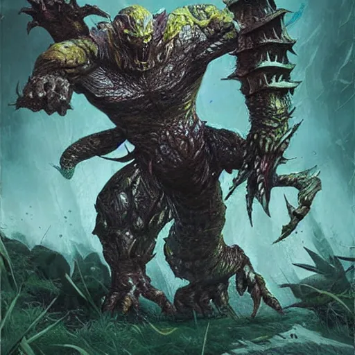 Image similar to elder giant - creature - 5 cc - when elder giant enters the battlefield, you may have it deal damage to target creature or player equal to the number of creatures you control. - the elder giants are the wise ones, the ones who have seen it all. magic the gathering, card illustration, painting, fantasy, detailed