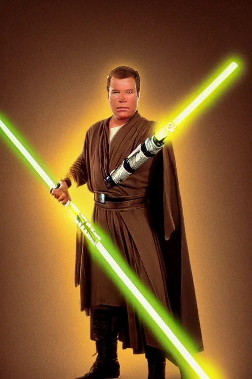 Image similar to photorealistic!! young adult william shatner as a jedi knight, brown jedi robe, holding a yellow lightsaber, film quality