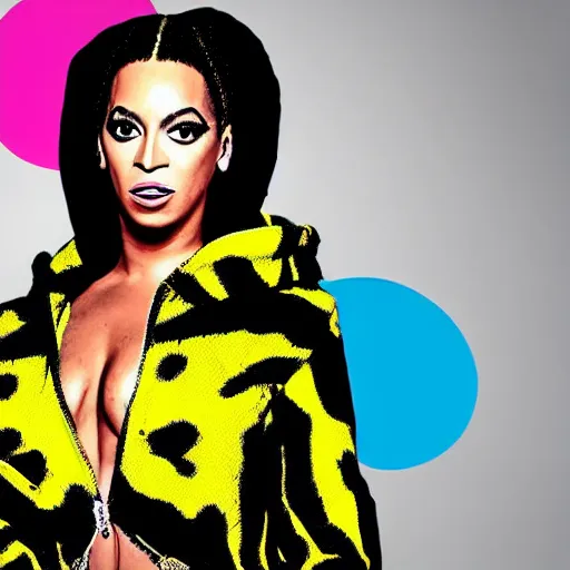 Prompt: vivid pop art of Beyoncé Knowles wearing an all over print hoodie, with hollywood styled hair, posing for the camera