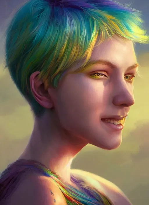 Image similar to girl with rainbow hair, pixie haircut, beautiful highly detailed face, complementary lighting, backlit, black eyeshadow, grinning, adventure, dramatic lighting, landscape background, beautiful painting by artgerm and greg rutkowski and raymond swanland