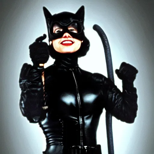 Image similar to joe biden as catwoman from batman returns 1 9 9 2, whip in hand, foggy atmosphere, dramatic lighting, trending on artstation, 8 k