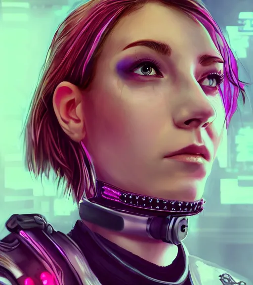 Image similar to detailed realistic female character cyberpunk wearing thick technological collar around neck, realistic, art, beautiful, 4K, collar, choker, collar around neck, punk, artstation, detailed, female, woman, choker, cyberpunk, neon, punk, collar, choker, collar around neck, thick collar, tight around neck, punk,