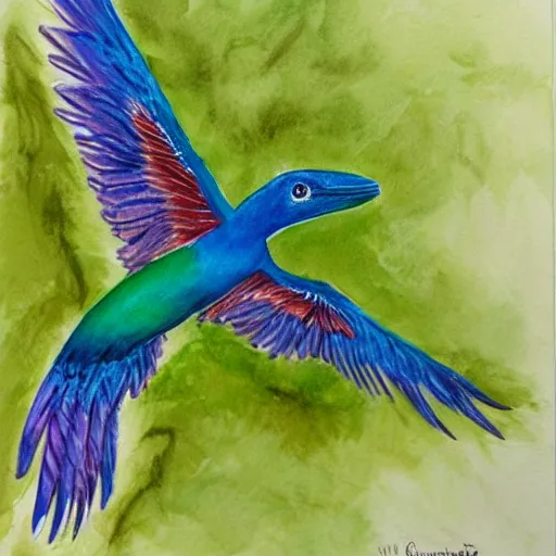 Prompt: A realistic painting of a Quetzal in flight, watercolour, pastel colours