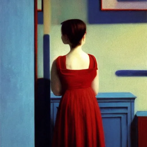 Image similar to close - up of an ivory young gir in a blue and red haunted liminal abandoned room, film still by edward hopper, by gottfried helnwein, by klimt, art noveau, highly detailed, strong lights, liminal, eerie, bright pastel colors,