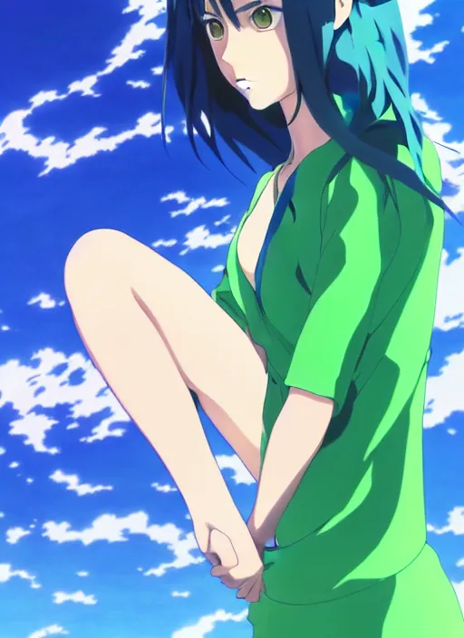 Image similar to makoto shinkai, ilya kuvshinov, beautiful anime women with green dress, long blue hair, water powers water swirling, symmetrical face, symmetrical eyes, detailed, beach setting, cinematic lighting