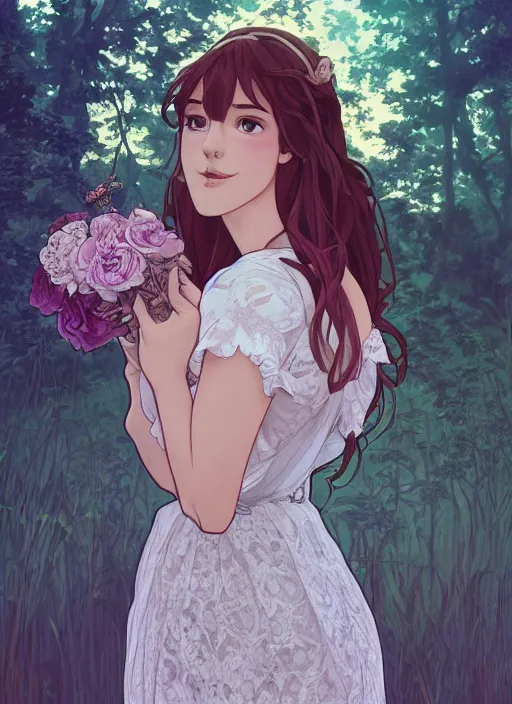 Image similar to anna cortez as a beautiful girl wearing a lace dress, gorgeous half body shot, gorgeous face, detailed eyes, digital art, by makoto shinkai, by dan mumford, by alphonse mucha, trending on artstation