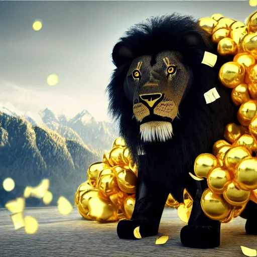 Prompt: black lion's god looking at you with fur made from gold lightnings surrounded by epic ancient huge forest and mountains in the background a lot of birthday confetti and ballons and colrful ribbons in front of lion big number 6, colossal scale, cinematic shot, vibrant colors, photorealism, epic, octane render by evgeniy antonenkov and james jean