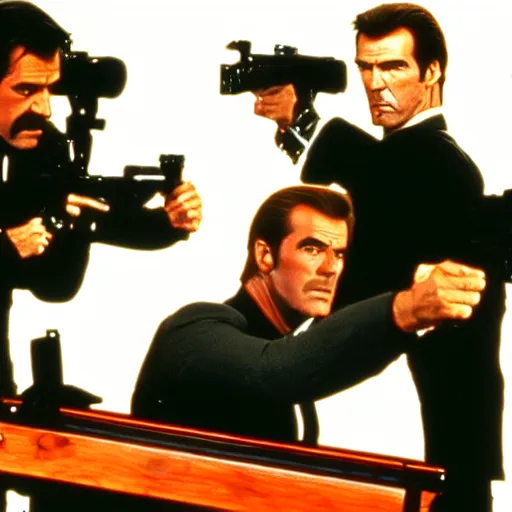 Prompt: goldeneye 0 0 7 n 6 4 all bonds multiplayer screenshot of a deathmatch between sean connery, roger moore, timothy dalton, and pierce brosnan