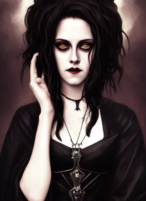 Prompt: portrait Kristen Stewart as a dark goth magician of the magic of darkness, full length shot, shining, 8k highly detailed, sharp focus, illustration, art by artgerm, mucha, bouguereau