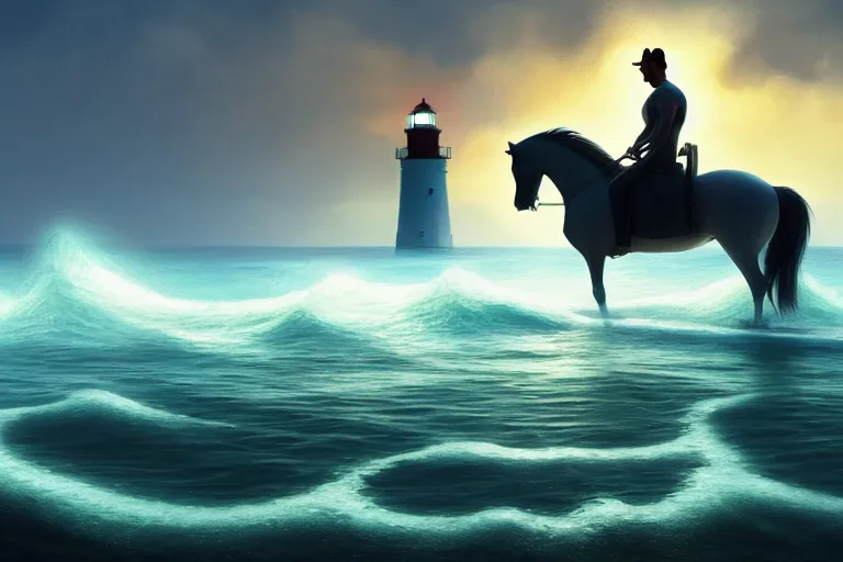 Image similar to photo of man riding a horse along the beach, glowing underwater waves toward a lighthouse in the distance guiding his way, silhouette, wide horizon, large white clouds, night, intricate, elegant, highly detailed, digital painting, artstation, concept art, smooth, sharp focus, illustration, art by artgerm and greg rutkowski and fra angelico