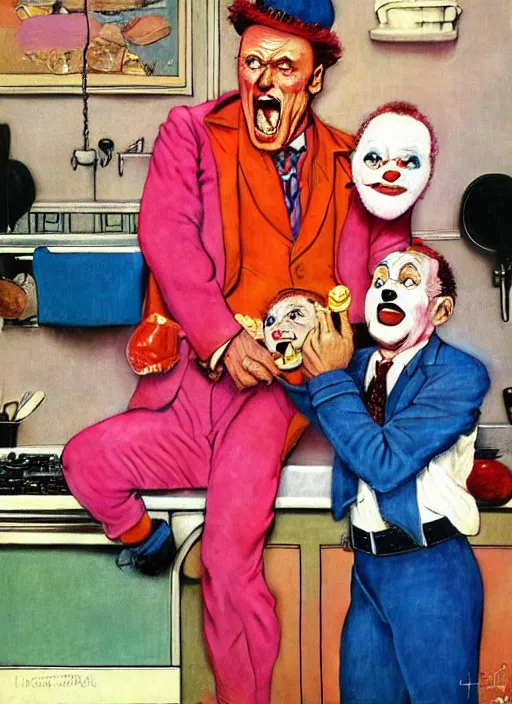 Prompt: dennis hopper screaming about the candy coloured clown in a kitchen, painted by norman rockwell and tom lovell and frank schoonover, pink and blue