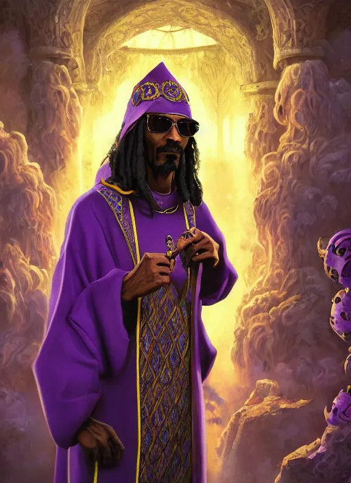 Image similar to snoop dogg as a mage, short beard, grumpy, intricate purple robes, Ivan Aivakovsky, Boris Vallejo, epic fantasy character art, D&D Concept Art, full length, ultra Realistic, Regal, Refined, Detailed Digital Art, Exquisite detail, post-processing, masterpiece, Cinematic Lighting, Unreal Engine, 8k, HD,