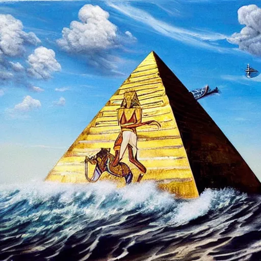 Image similar to hyper realistic detailed painting of tutankhamun surfing a big wave in the ocean next to a sunny beach with a pyramid with the all seeing eye by Andrei Tarkovsky, Adrian ghenie, Storm, Thorgerson, pastel colors, cinematic. Bekinski painting, masterpiece