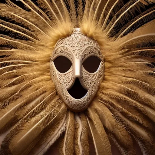 Prompt: an elaborate intricate mask made of feathers in swirling wind, rendered in octane, behance hd, bokeh backdrop