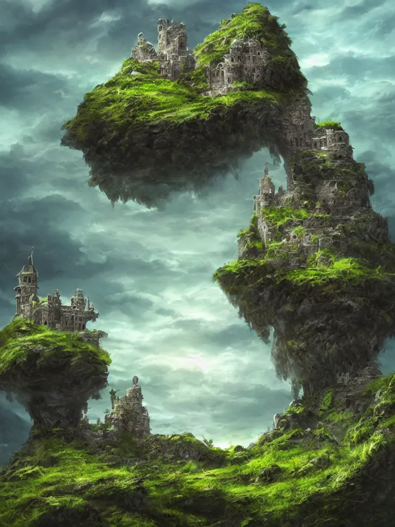 Image similar to a stunning wide angle view of an ancient fantasy castle built with rock bridges on top of a green stone island in the middle of a deep green wavy sea, sun through majestic clouds, highly detailed rock structures, artistic composition, sharp focus on houses, intricate concept art, digital painting, colorful flat surreal design, hd, 8 k, artstation, ambient lighting