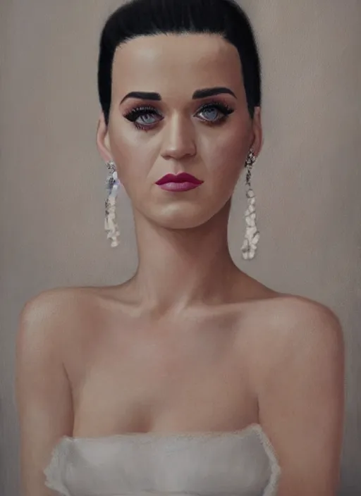 Image similar to cinematic portrait of katy perry in a white dress, intricate, elegant, by alyssa monks, highly detailed, smooth, sharp focus symmetrical face, fine details, masterpiece, trending on artstation