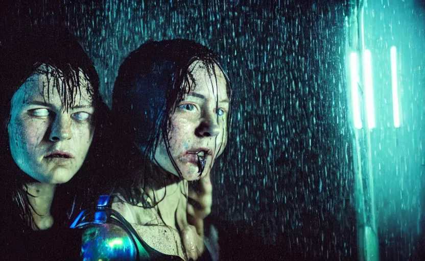 Prompt: cinestill 5 0 d candid photographic portrait by steve mccurry of two loving female androids sobbing wearing rugged black mesh streetwear in treacherous waters, flooded city, medium closeup, retrofuturism cyberpunk moody emotional cinematic, pouring iridescent rain bright spotlight helicopter, 8 k, hd, high resolution, 3 5 mm, f / 3 2, ultra realistic faces, ex machina