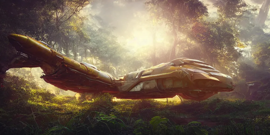 Prompt: a futuristic rusty old spaceship, on a landing pad, surrounded by a lush jungle, , golden hour, sun beams, volumetric light, hyperdetailed, artstation, cgsociety, 8k