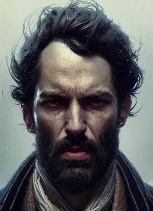 Image similar to portrait of a rugged man in a jacket, victorian, concept art, detailed face, fantasy, close up face, highly detailed, cinematic lighting, digital art painting by greg rutkowski