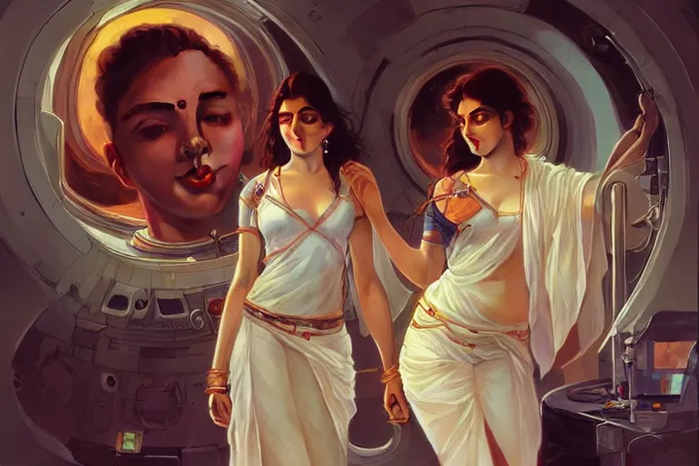 Image similar to Sensual good looking pale young Indian doctors wearing jeans partying in a space station above Earth performing surgery, portrait, elegant, intricate, digital painting, artstation, concept art, smooth, sharp focus, illustration, art by artgerm and greg rutkowski and alphonse mucha