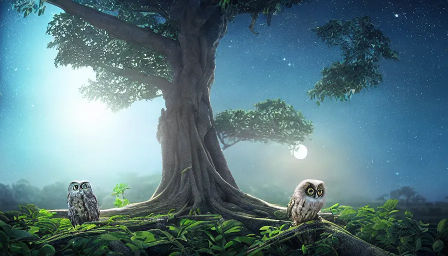 Image similar to very very small owl, sitting on a gigantic banyan tree in moonlit lakshadweep by ilya kuvshinov, starry night, rtx rendering, octane render 1 2 8 k, maya, extreme high intricate details by tom bagshaw, medium shot, close up shot, composition by sana takeda, lighting by greg rutkowski