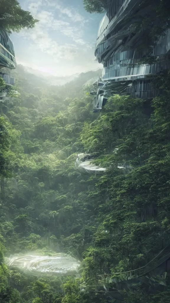 Prompt: extreme wide shot a futuristic containment building in a rainforest valley with a city in the distance, national geographic, hyper realistic, 4 k, warm light, the will to endure, artstation