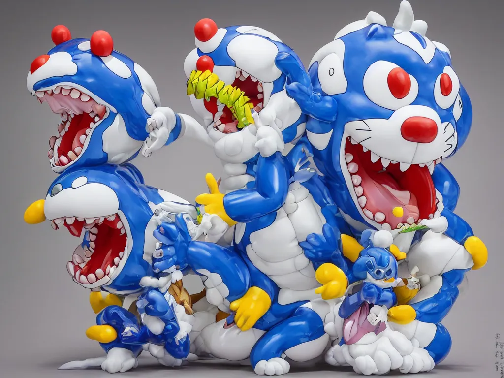 Prompt: Jeff Koons Doraemon Dorami Street Sharks Fractal Dragon statue, in the style of Hajime Sorayama, Max Fleischer