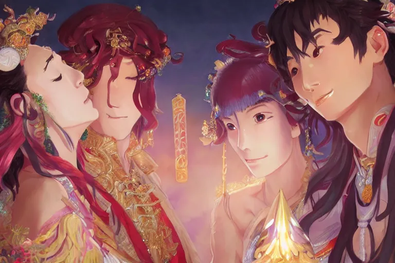 Image similar to close up moment of a divine a japan sun god and a moon goddess lovers magician at a wedding banquet, highly detailed, d & d, fantasy, 4 k realistic, digital painting, trending on artstation, concept art, sharp focus, illustration, art by makoto shinkai and akihiko yoshida and daniel gerhartz