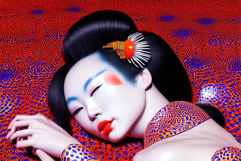 Image similar to hyperrealistic detailed image of a geisha laying in a art installation room, hd smooth interior by yayoi kusama, part by kei mieno, part by ross tran, dark art by james jean, ultra realistic, highly detailed, life like face, detailed body, 8 k, 3 d render by roger magrini, very cohesive, masterpiece