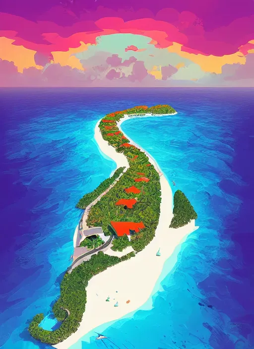 Prompt: a travel poster illustration depicting an island in the maldives, digital painting, vector art, trending on artstration, by anton fadeev, by alena aenami