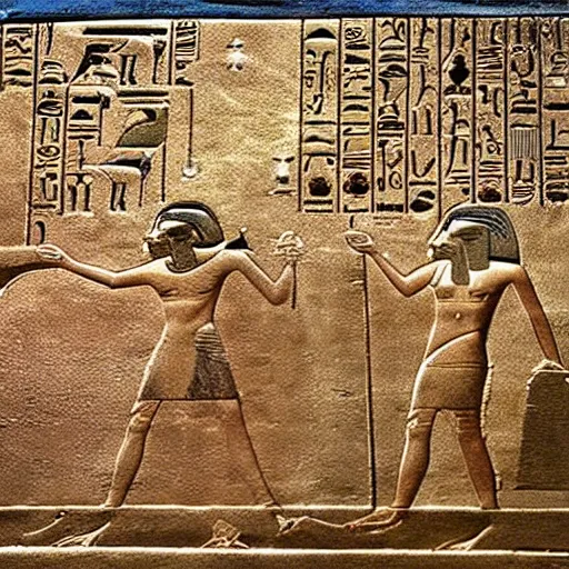 Prompt: ancient egyptian hieroglyphics depicting the first contact with alien life