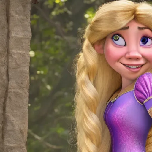 Image similar to Jennette McCurdy as Rapunzel in disney tangled live action, 8k full HD photo, cinematic lighting, anatomically correct, oscar award winning, action filled, correct eye placement,