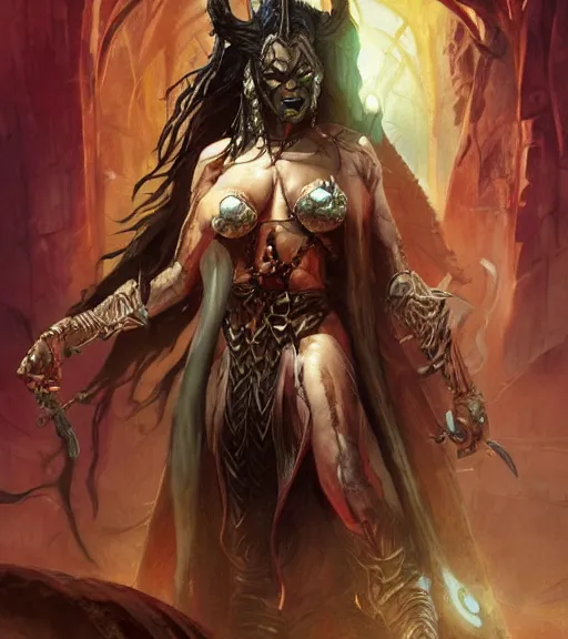Image similar to a concept art painting of a evil female half - orc sorceress, art by karol bak and mark brooks and artgerm, centered, trending on artstation