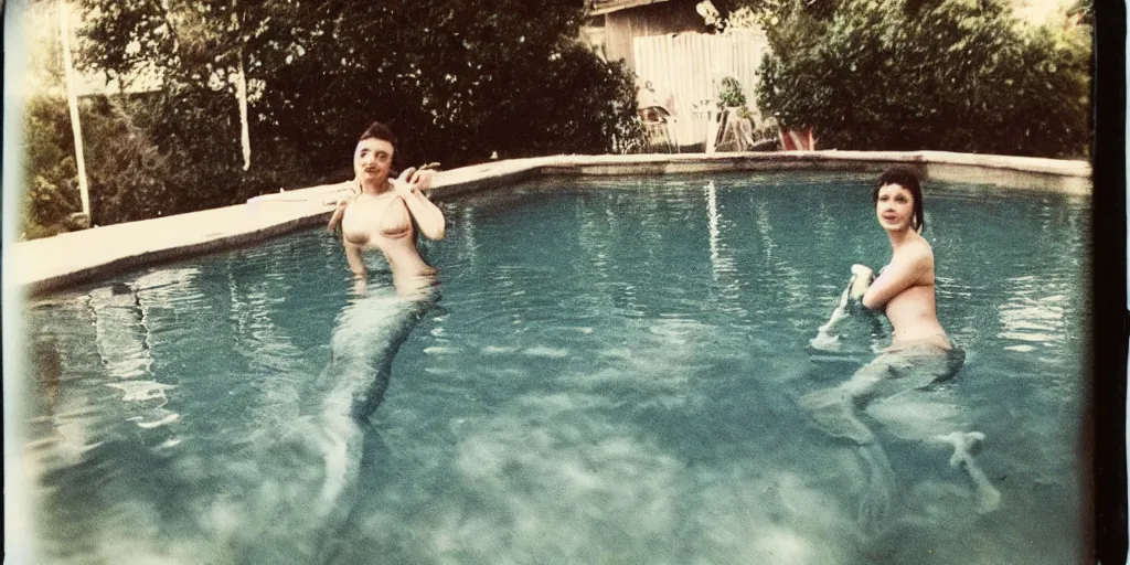 Image similar to a mermaid in pool in a backyard, slightly burn-damaged polaroid photograph, circa 1997