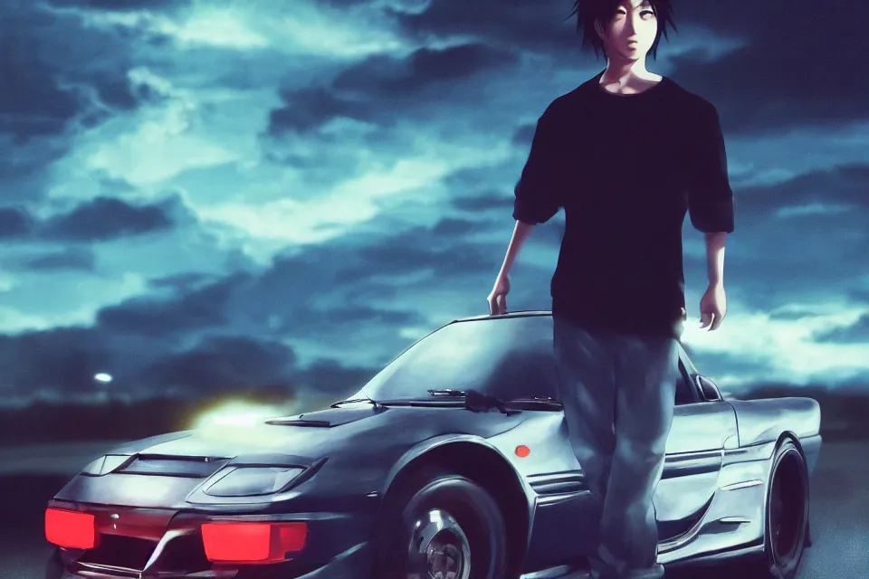 Image similar to aesthetic illustration of ryosuke takahashi with black hair wearing a dark blue shirt standing near white mazda rx 7 on an empty highway at dusk, cinematic lighting, initial d anime 1 0 8 0 p, detailed anime face, high detail, 9 0 s anime aesthetic, volumetric lights, unreal engine 5 render, pinterest wallpaper, trending on artstation