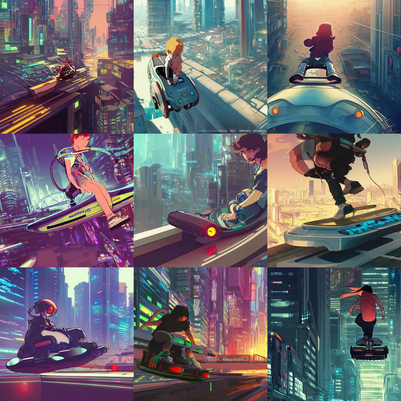 Prompt: Closeup of a hoverboarder riding thorough a cyberpunk cityscape, highly detailed, artstation, digital illustration, concept art, by Kyoto Animation and Studio Ghibli, by Ilya Kuvshinov and Alphonse Mucha