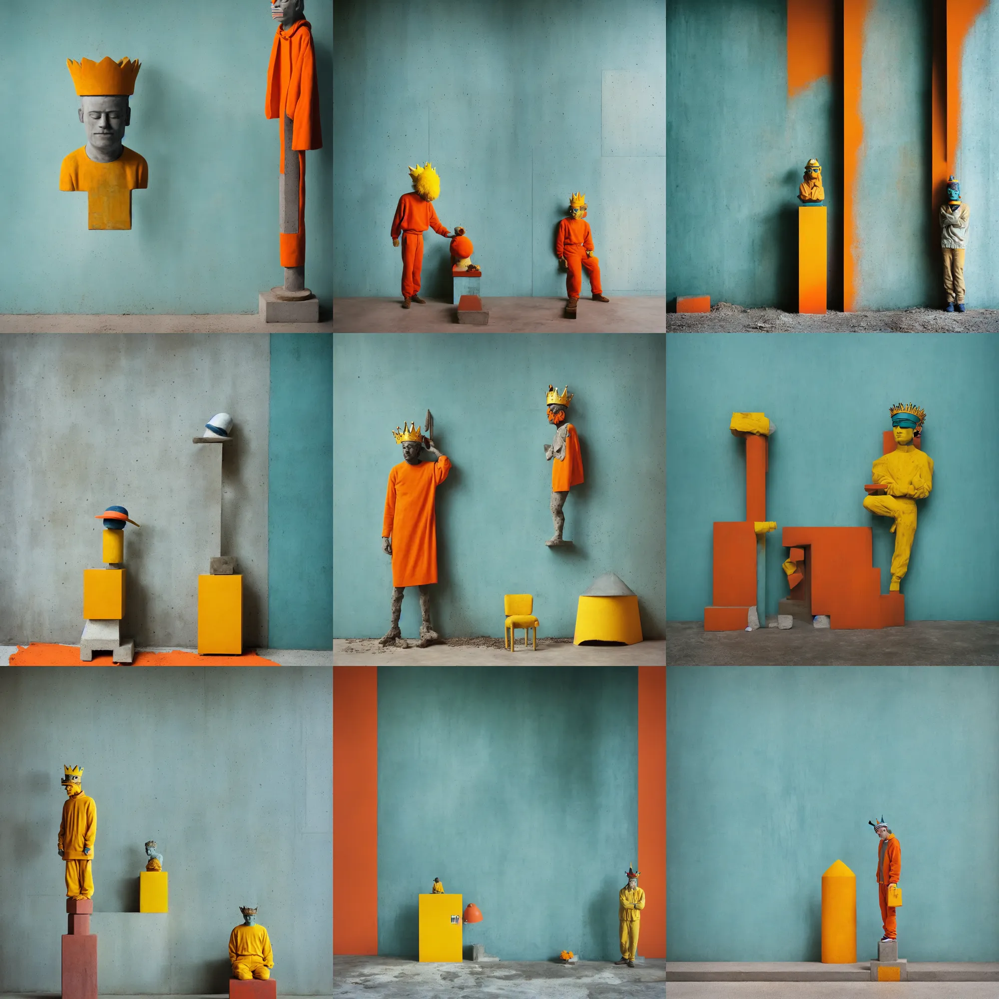 Image similar to kodak portra 4 0 0, 8 k, shot of a highly detailed, britt marling style, colour still - life portrait of a large minimalistic room, rough concrete walls, a single rough carved wooden teal and orange striped coloured statue is standing on a concrete podest with a yellow crown on his head, muted colours