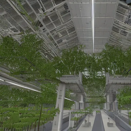 Image similar to Robo-modules of the GLaDOS super computer in the center of a huge hall overgrown with vines and plants of the complex, old computers, a suspension of dust in the air, rays of light through the ceiling, realism, art,