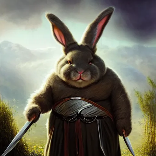 Prompt: hyper realistic, lord of the rings, portrait of a mega derpy john candy, big chungus, with bunny ears, stoned, by greg rutkowski, scott m fischer, artgerm, loish, slight glow, atmospheric, anne stokes, alexandros pyromallis