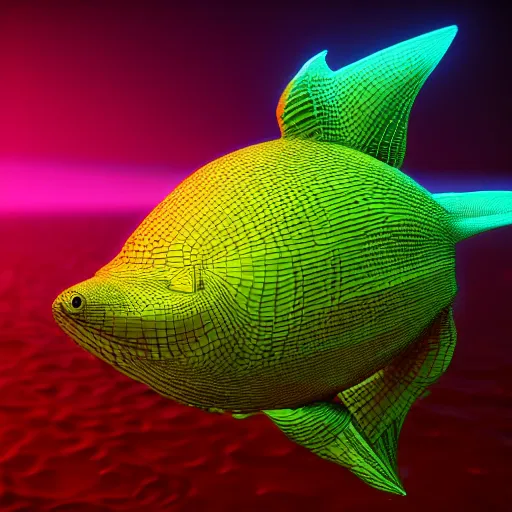 Prompt: a hyperrealistic 3 d octane render of a fish made entirely of gigantic mandelbrot fractals, unreal engine, dramatic lighting, volumetric lighting, backlit, vray lighting, ray tracing, ultra detailed, photorealism, neon, glowing