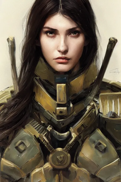 Image similar to a professionally painted portrait of an attractive young woman, clothed in military armor, olive skin, long dark hair, beautiful bone structure, symmetrical facial features, intricate, elegant, digital painting, trending on Artstation, concept art, smooth, sharp focus, illustration, from Metal Gear by Ruan Jia and Mandy Jurgens and Artgerm and William-Adolphe Bouguerea, award winning