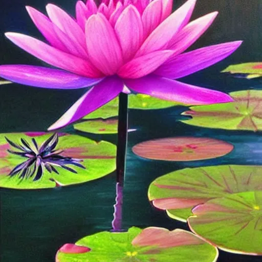 Image similar to waterlily flower, bright colors, painting, detailed, magical environment, peaceful, beautiful, artwork, realistic detail, natural lighting, brush strokes, pintrest, behance