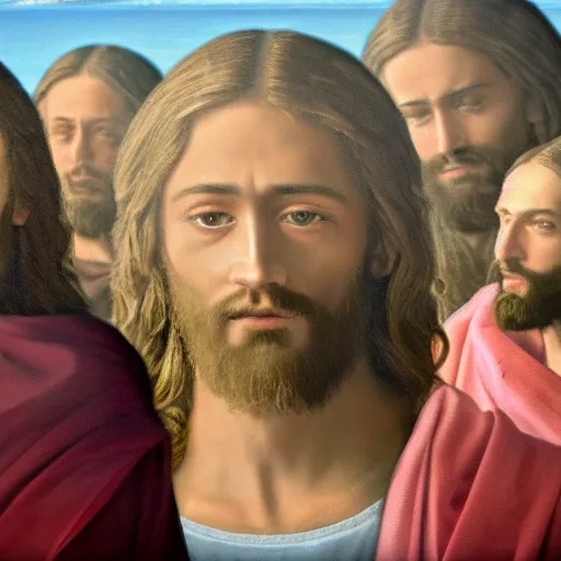 Prompt: A masterpiece ultrarealistic ultradetailed photo of Jesus Christ with his apostles, 4k. cinematic, dramatic