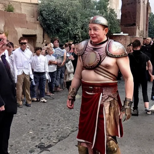 Prompt: elon musk as a roman praetorian in the streets of ancient rome, photograph still