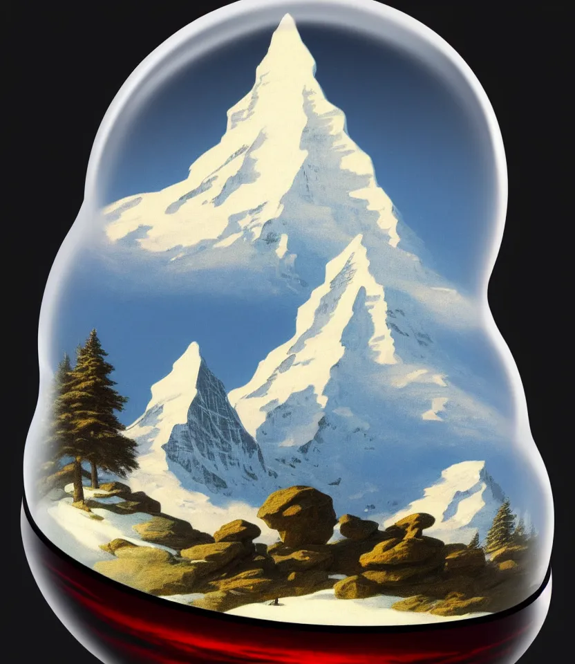 Prompt: an achingly beautiful print of one cylindrical snow globe with the matterhorn inside by raphael, hopper, and rene magritte. detailed, proportional, romantic, vibrant, enchanting, trending on artstation